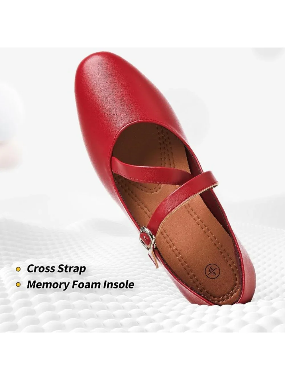 Women's Red Rubber Cross Buckle Strap Ballet Flats Soft Memory Foam Casual Shoes